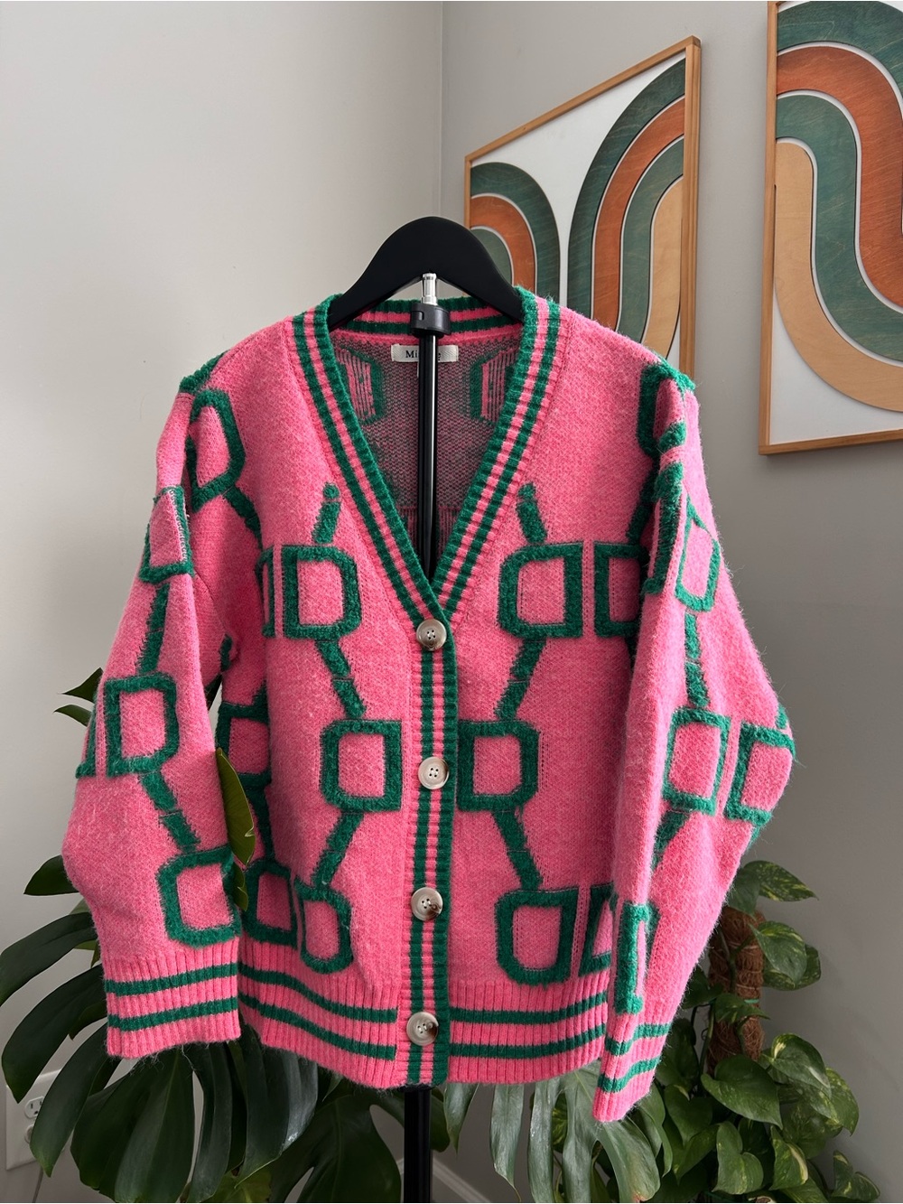 Miracle Pink & Green Geometric Button-Up Cardigan
